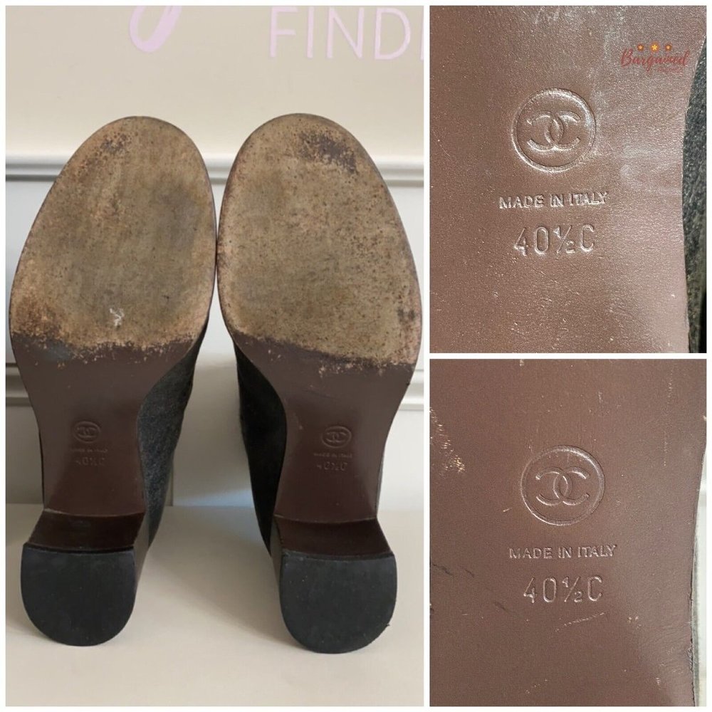 Authentic CHANEL Charcoal Distressed Leather Tweed CC Buttons Ankle Boots 10.5 - Picture 8 of 15